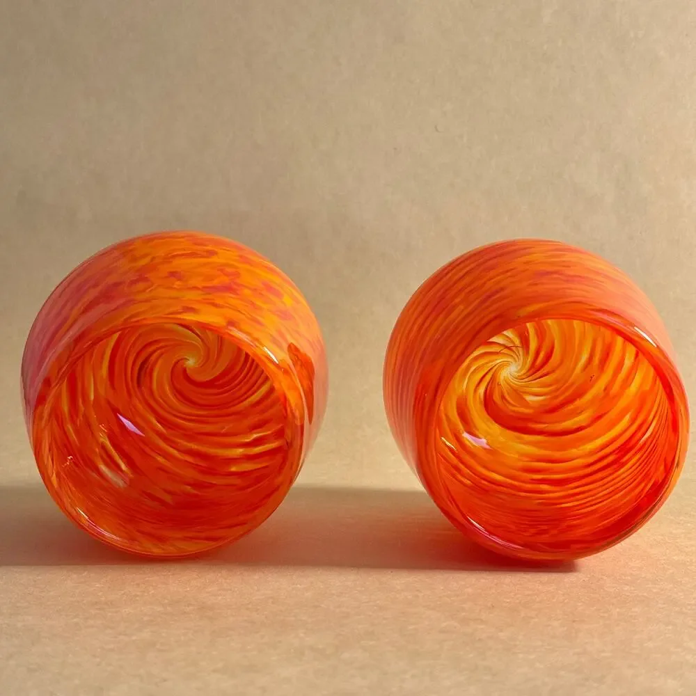 Orange Swirl Art Glass Cups Set of 2, Handblown, Halloween Fall Decor